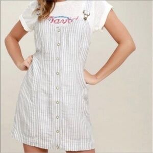 Free People White and Light Gray Striped Button-Front Pinafore Dress
